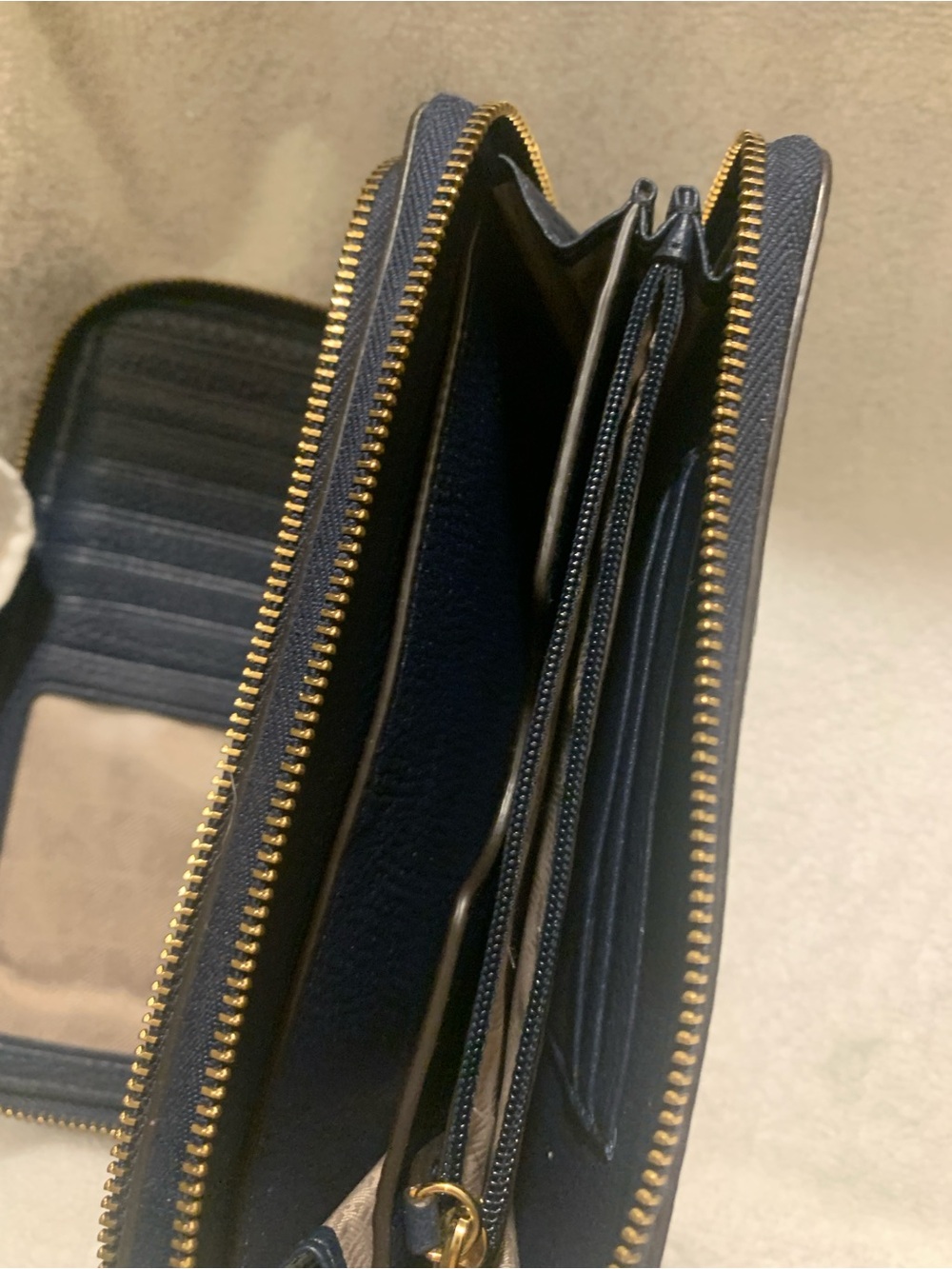 Michael Kors Double Zip Navy Pebbled Leather Wallet with Gold Logo Plate